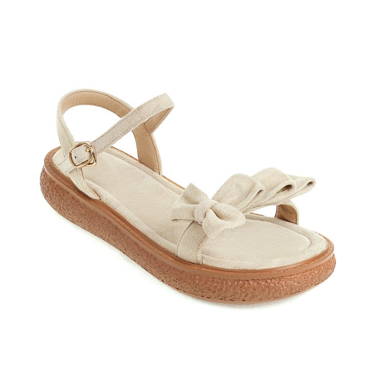 Woman Suede Butterfly Knot Round Toe Ankle Strap Flat Sandals