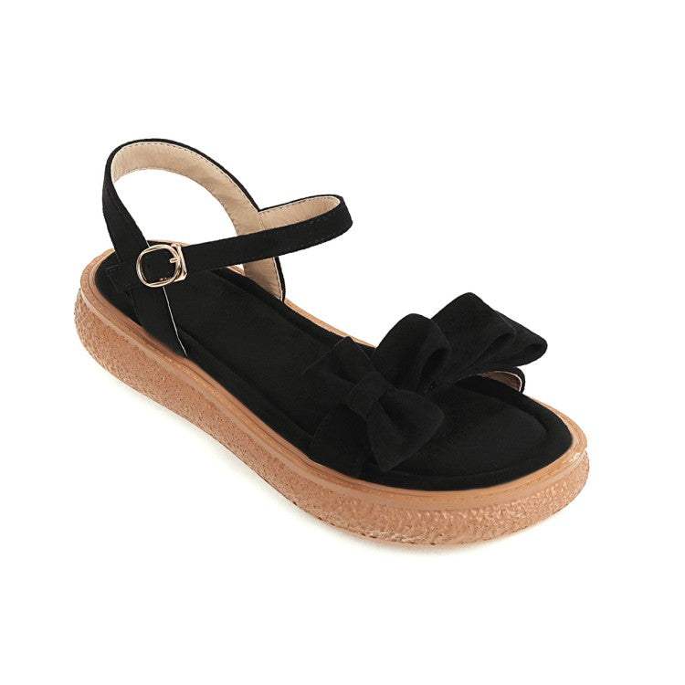 Woman Suede Butterfly Knot Round Toe Ankle Strap Flat Sandals