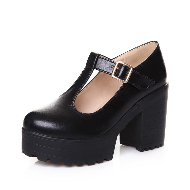 Women T Strap Thick Sole Block Heel Platform Pumps High Heels Shoes