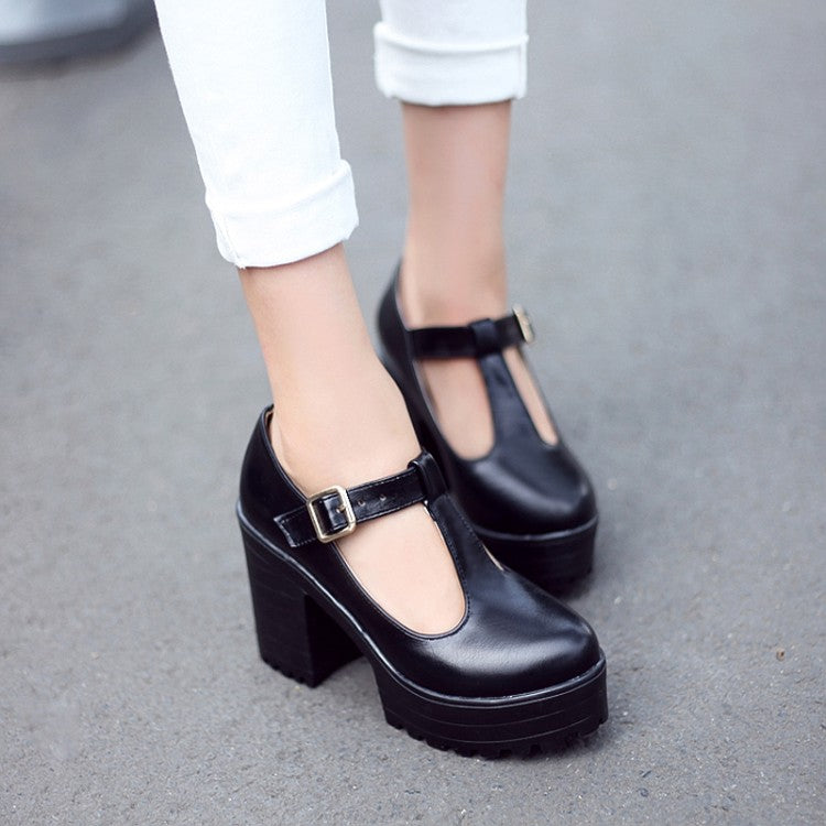 Women T Strap Thick Sole Block Heel Platform Pumps High Heels Shoes