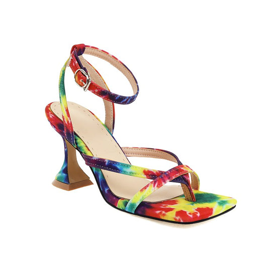 Women Colorful Square Toe Ankle Strap Spool Heel Sandals