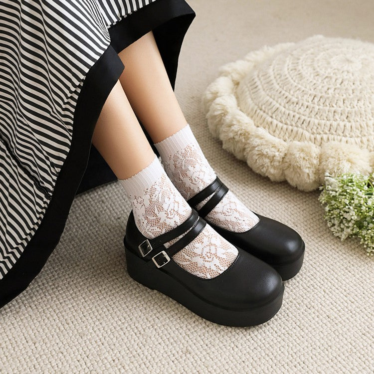 Woman Double Strap Platform Wedge Heels Shoes