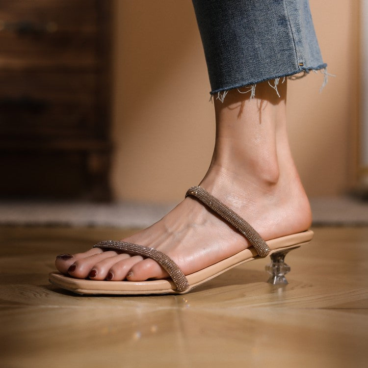 Women Square Toe Bling Bling Narrow Straps Low Heel Sandals