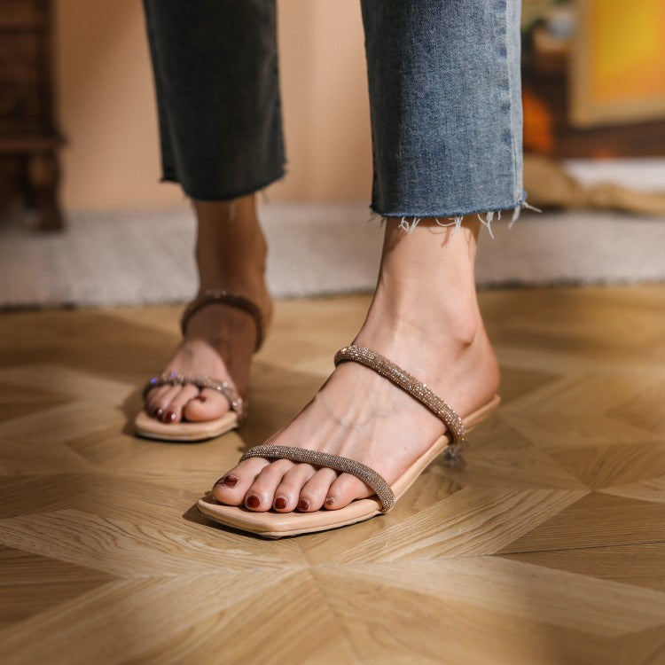 Women Square Toe Bling Bling Narrow Straps Low Heel Sandals