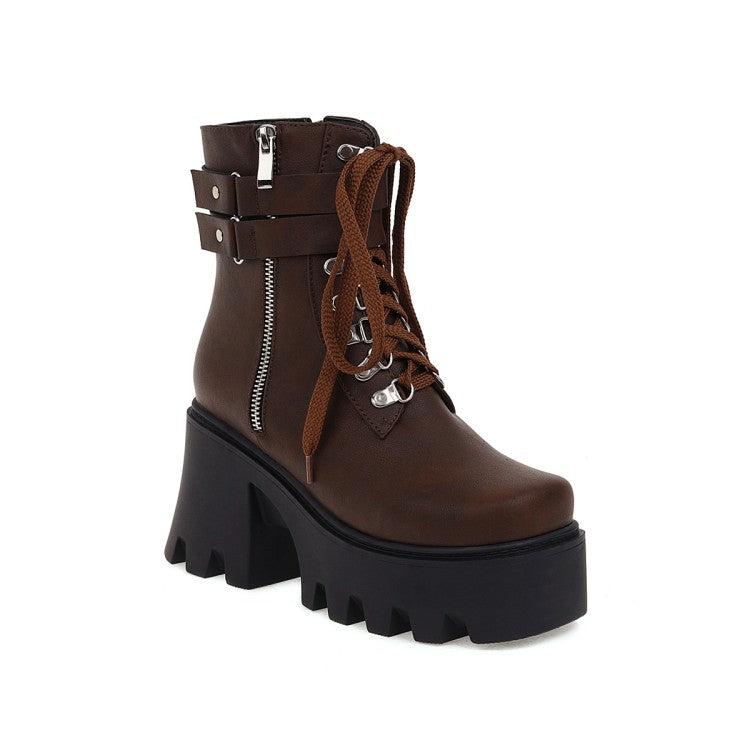Women Pu Leather Square Toe Tied Belts Buckles Side Zippers Chunky Heel Platform Short Boots