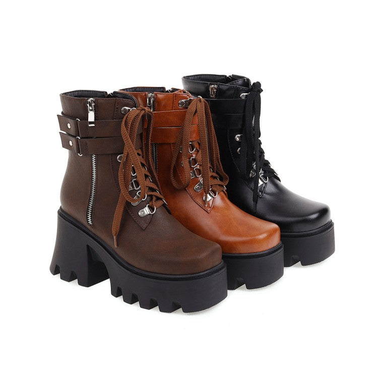 Women Pu Leather Square Toe Tied Belts Buckles Side Zippers Chunky Heel Platform Short Boots