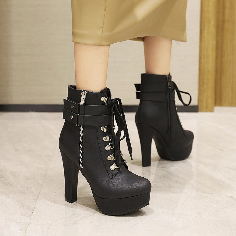 Women Pu Leather Belts Buckles Lace Up Side Zippers Chunky Heel Platform Short Boots