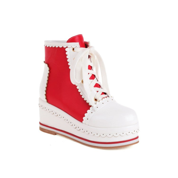Women Candy Color Lace Up Wedge Heel Platform Short Boots
