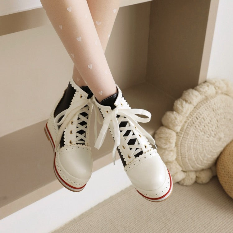 Women Candy Color Lace Up Wedge Heel Platform Short Boots