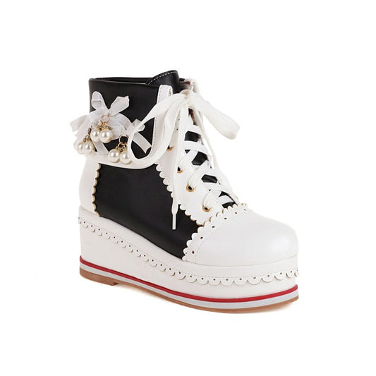 Women Pu Leather Stitching Lace Up Fold Pearls Knot Platform Wedge Heel Short Boots