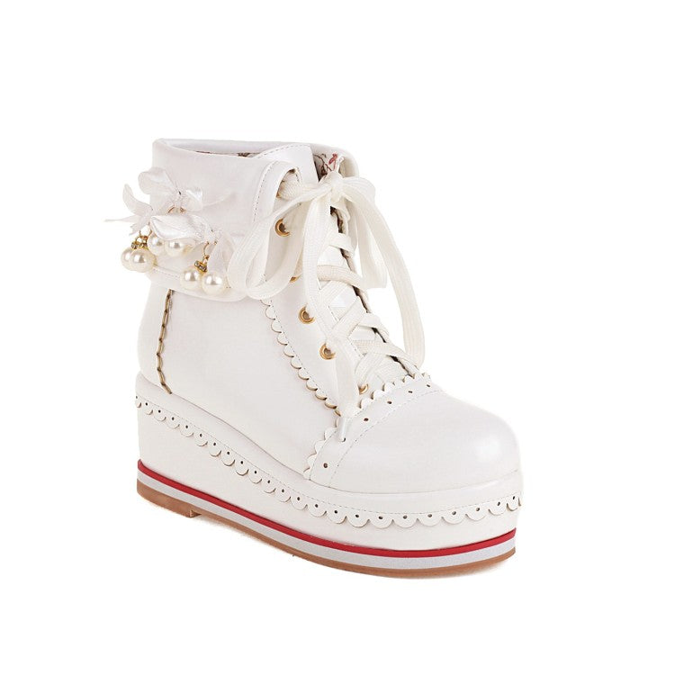 Women Pu Leather Stitching Lace Up Fold Pearls Knot Platform Wedge Heel Short Boots