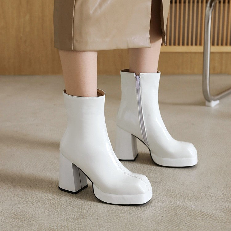 Woman Glossy Square Toe Block Chunky Heel Back Zippers Platform Short Boots