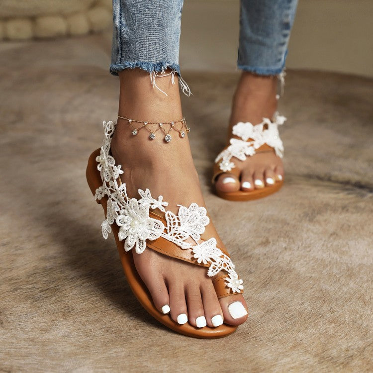 Women Flip Flops Lace Flora Hollow Out Flat Sandals