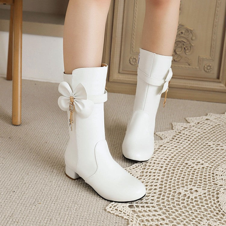 Woman Bow Low Heel Mid Calf Boots