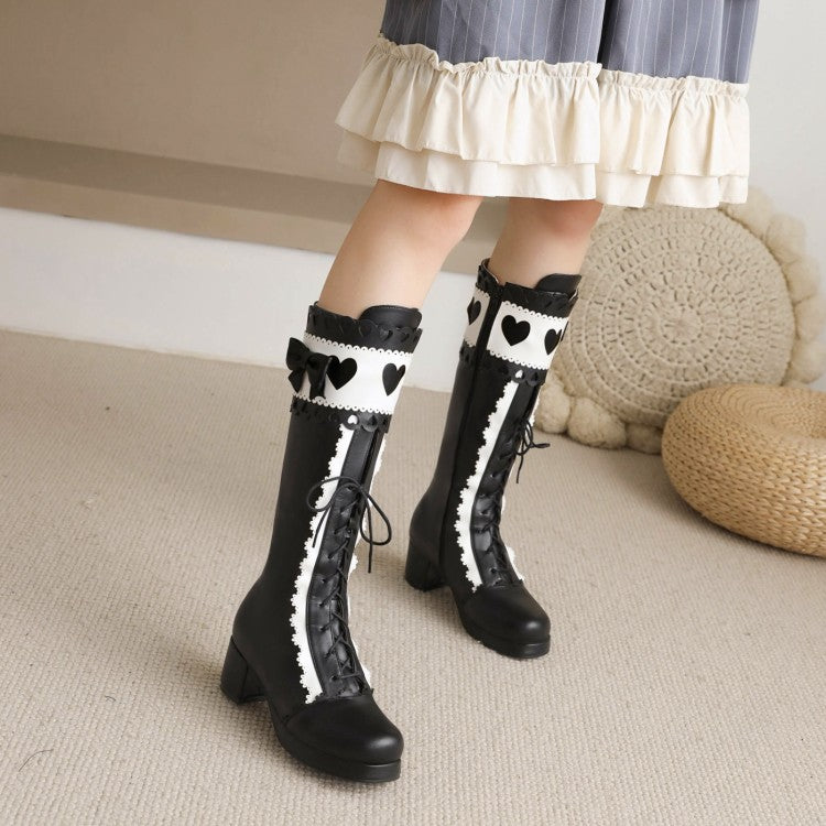 Woman Lace Up Bowtie Low Heels Knee High Boots
