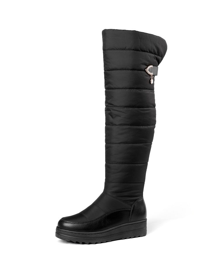 Women Waterproof Rhinestones Wedge Heels Down Tall Boots for Winter