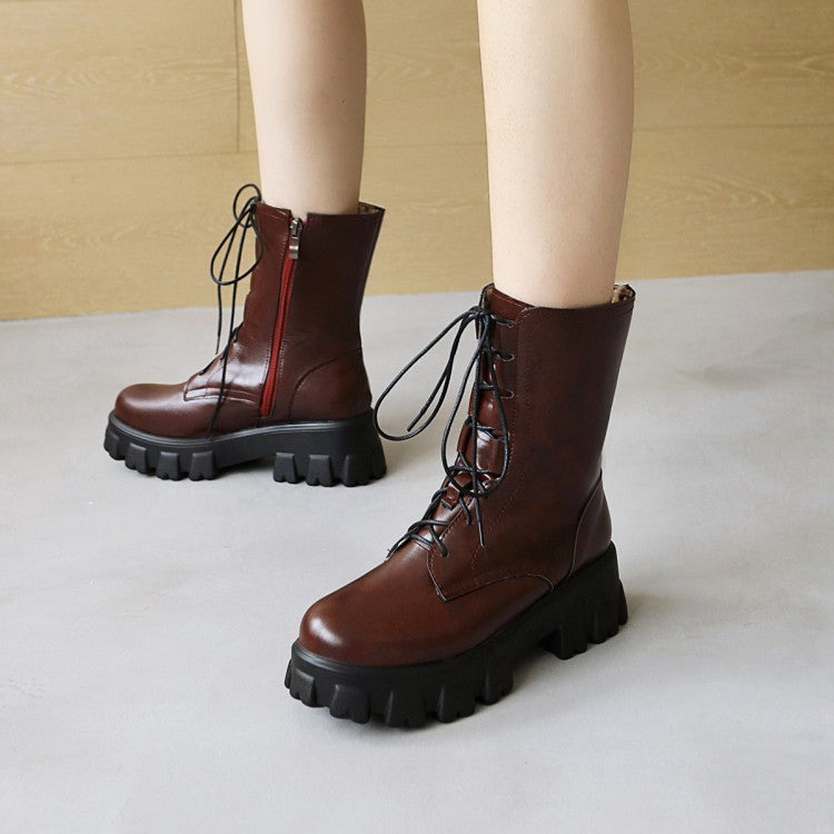 Woman Glossy Round Toe Lace Up Flat Side Zippers Platform Short Boots