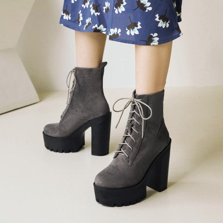 Woman Lace Up High Heels Short Boots