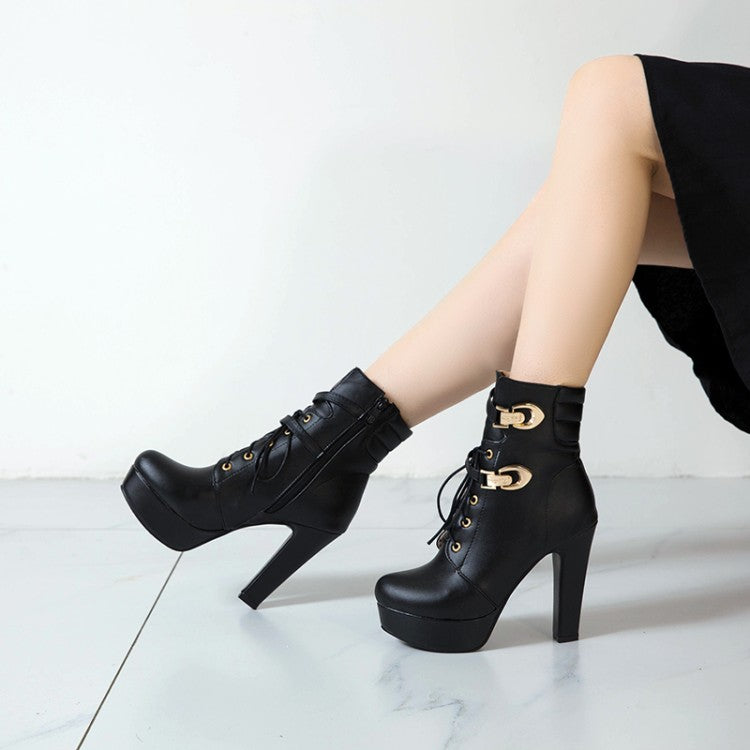 Woman Lace Up High Heel Short Boots