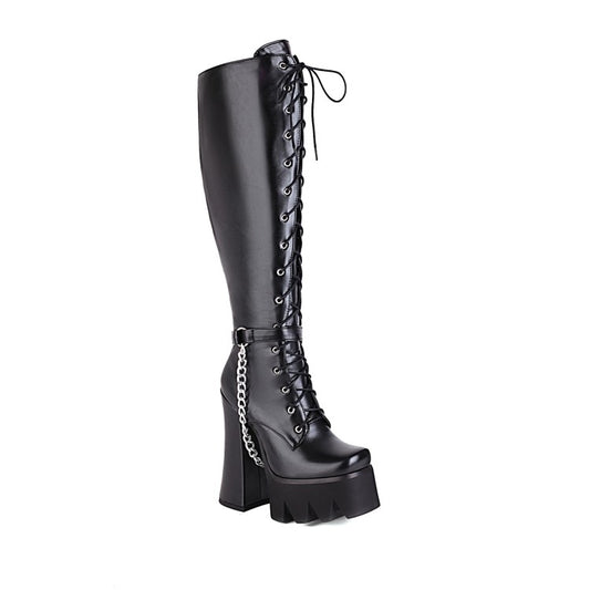 Woman Pu Leather Lace Up Belts Metal Chains Chunky Heel Platform Knee High Boots
