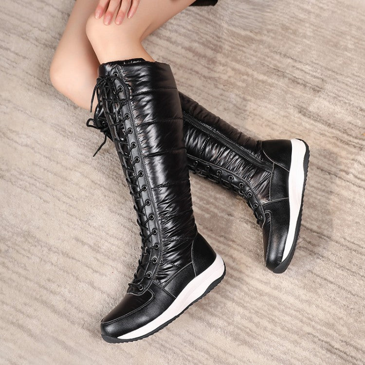 Women Leather Wedge Heels Down Tall Boots for Winter