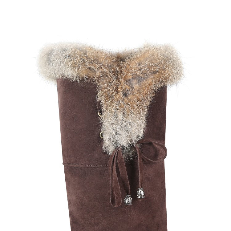Women Suede Stitching Patchwork Side Tied Fur Flat Knee High Boots