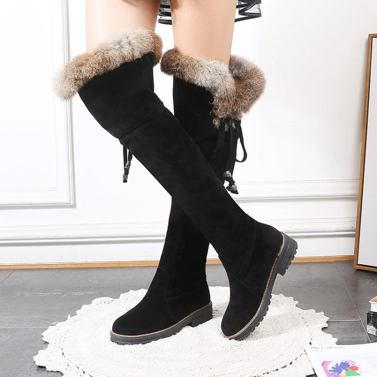 Women Suede Stitching Patchwork Side Tied Fur Flat Knee High Boots
