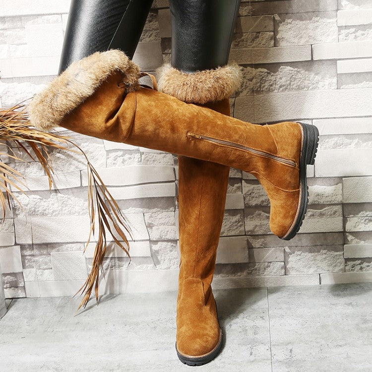 Women Suede Patchwork Back Tied Fur Low Heel Knee High Boots