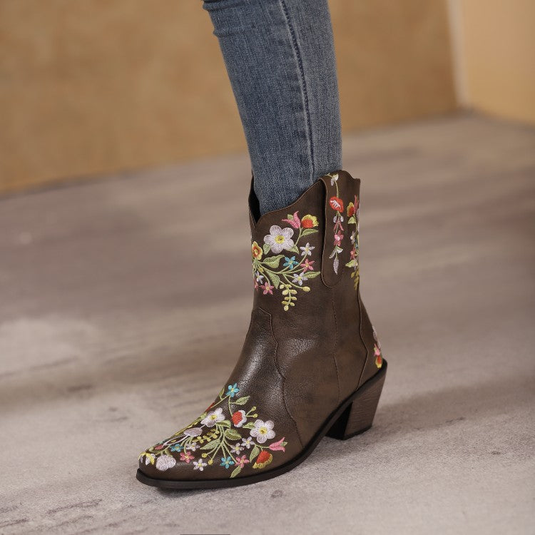Woman Embroidery Floral Printing High Heel Mid Calf Boots