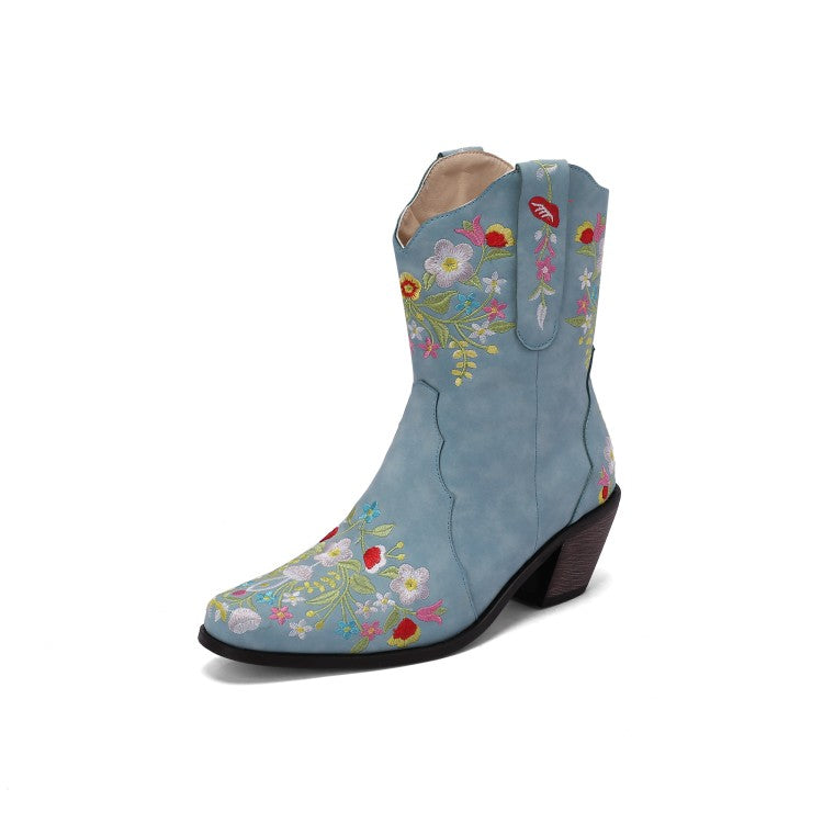 Woman Embroidery Floral Printing High Heel Mid Calf Boots