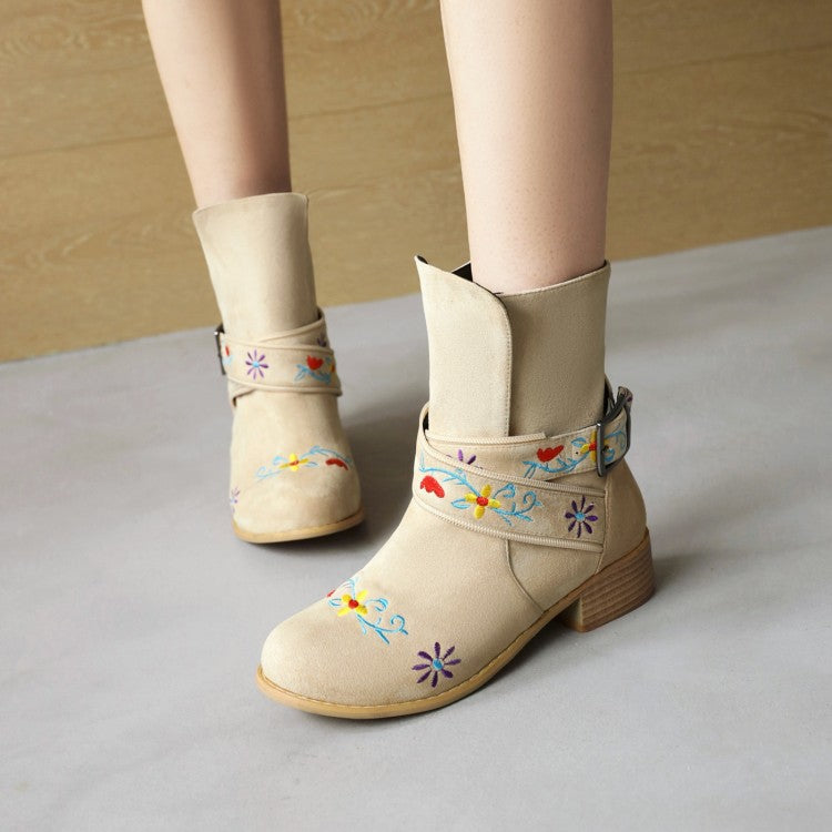 Woman Embroidery Printing Low Heel Mid Calf Boots