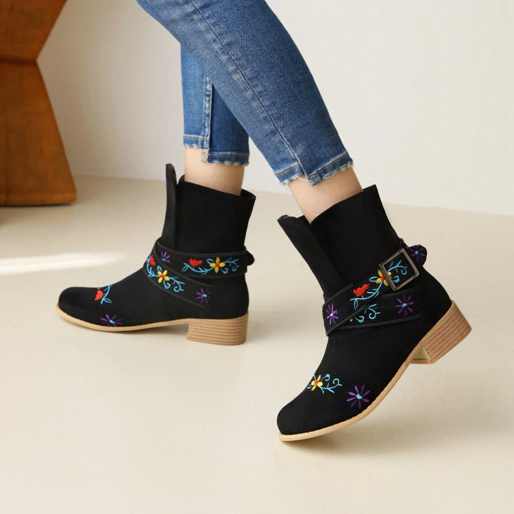 Woman Embroidery Printing Low Heel Mid Calf Boots