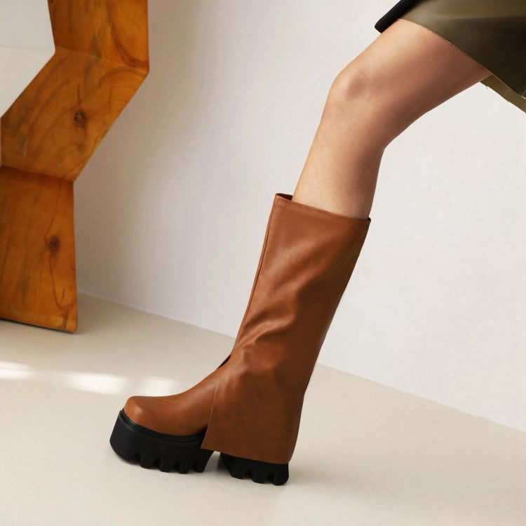 Women Pu Leather Round Toe Fold Block Heel Platform Knee High Boots