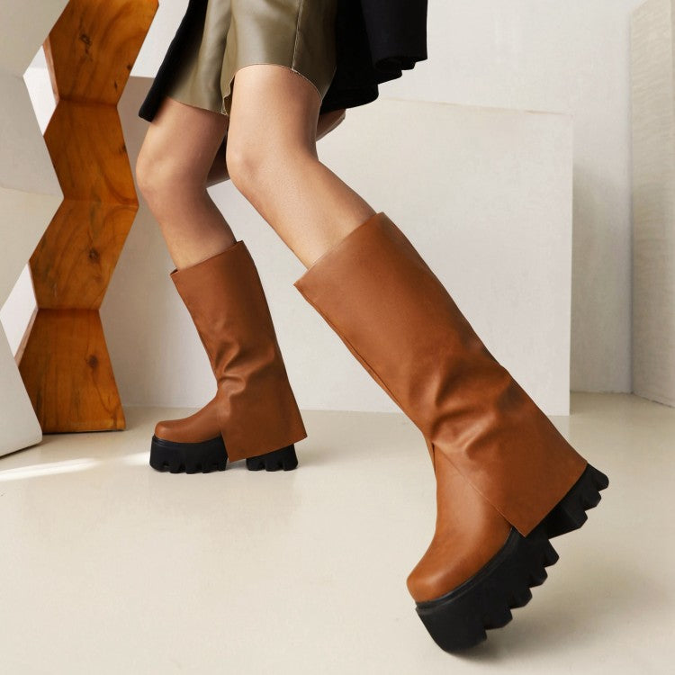 Women Pu Leather Round Toe Fold Block Heel Platform Knee High Boots