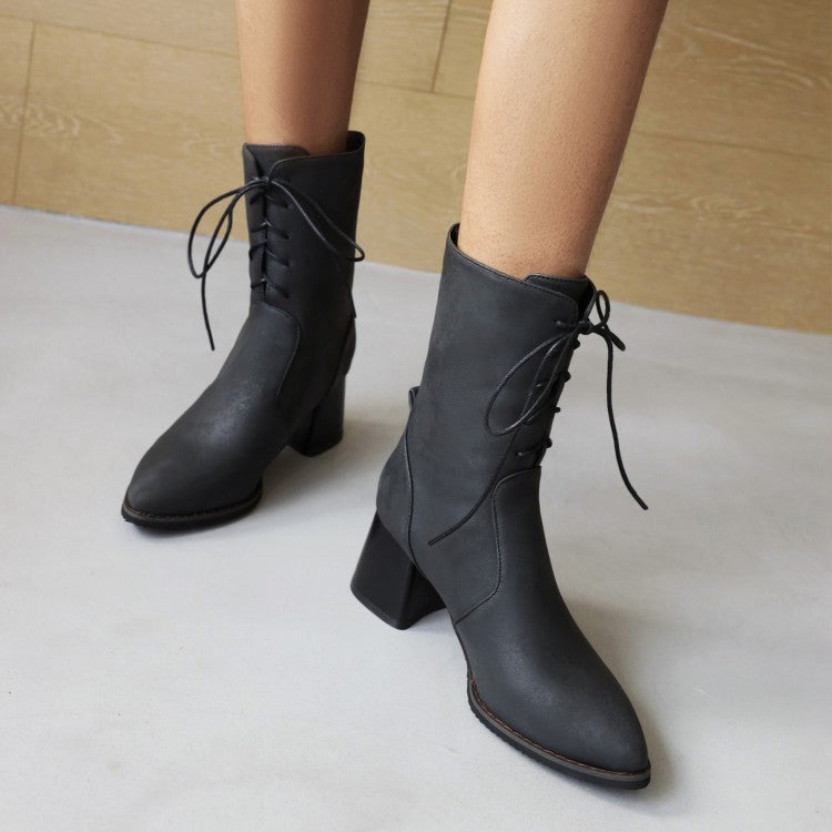 Woman Pu Leather Pointed Toe Lace Up Chunky Heel Short Boots