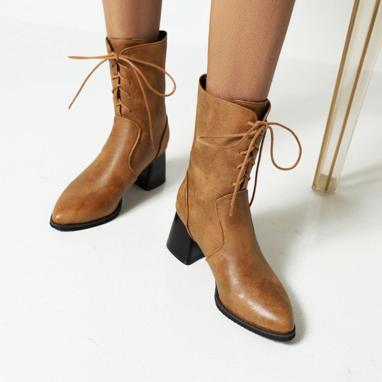 Woman Pu Leather Pointed Toe Lace Up Chunky Heel Short Boots