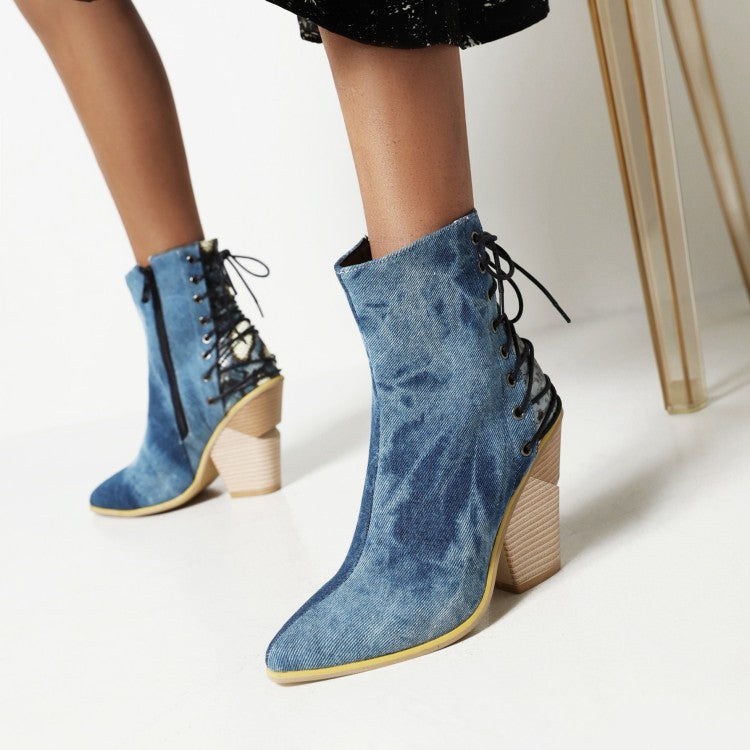 Woman Pointed Toe Patchwork Back Lace Up Block Heel Short Boots