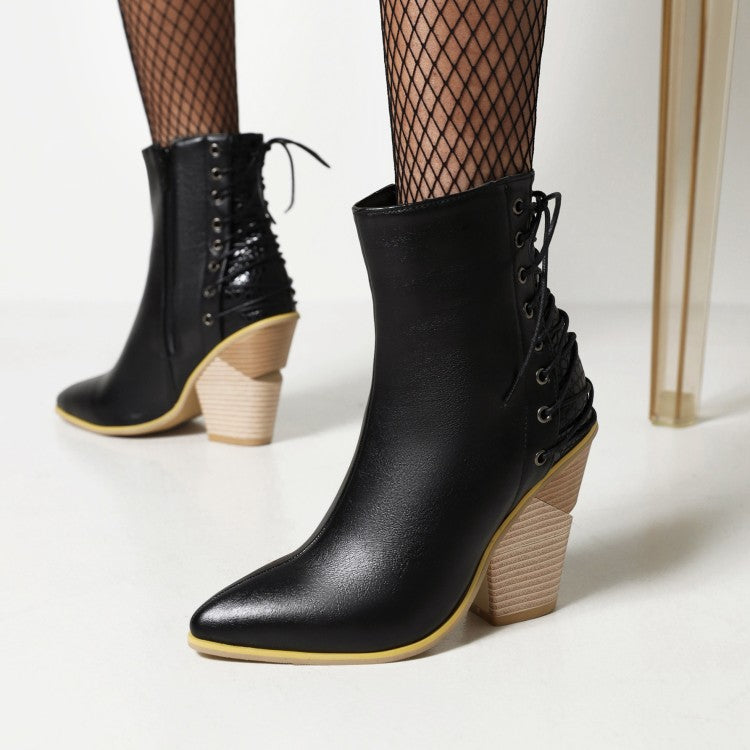 Woman Pointed Toe Patchwork Back Lace Up Block Heel Short Boots