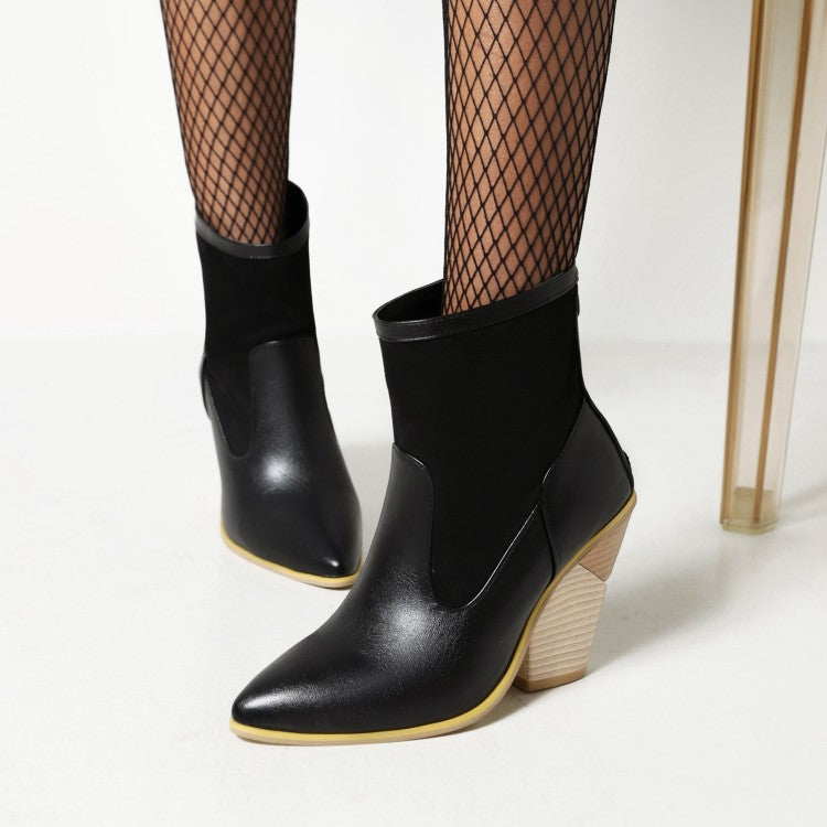 Woman Pointed Toe Patchwork Block Heel Back Zippers Short Boots