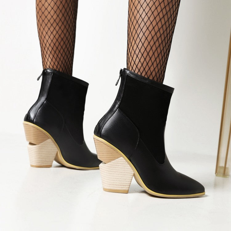 Woman Pointed Toe Patchwork Block Heel Back Zippers Short Boots