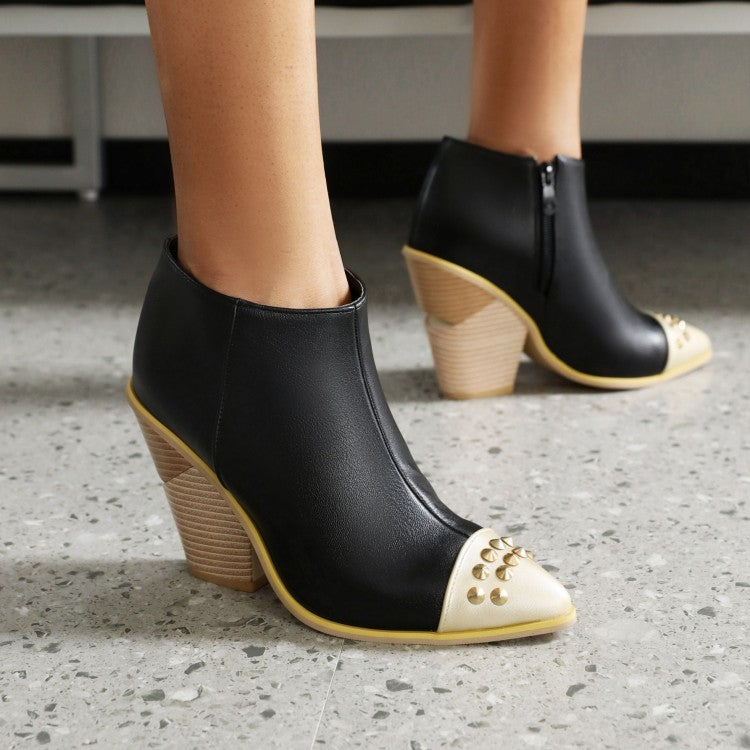 Woman Rivets Pointed Toe Side Zippers Block Chunky Short Boots