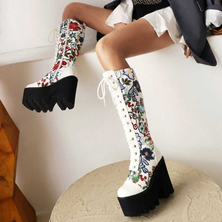 Women Flora Patchwork Lace Up Chunky Heel Platform Knee High Boots