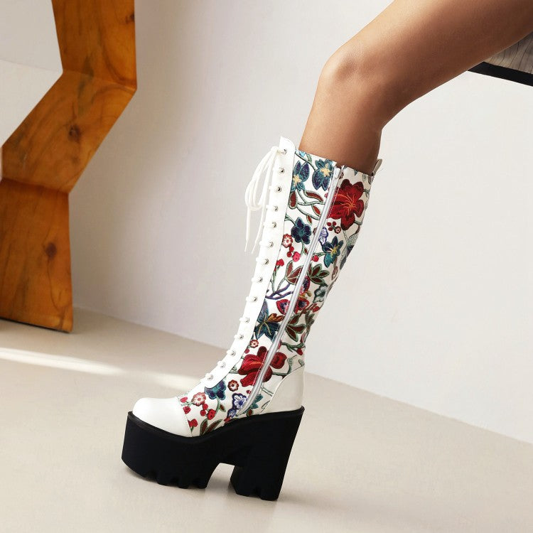 Women Flora Patchwork Lace Up Chunky Heel Platform Knee High Boots