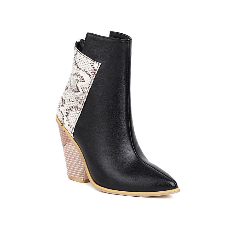 Woman Pu Leather Pointed Toe Block Heel Short Boots