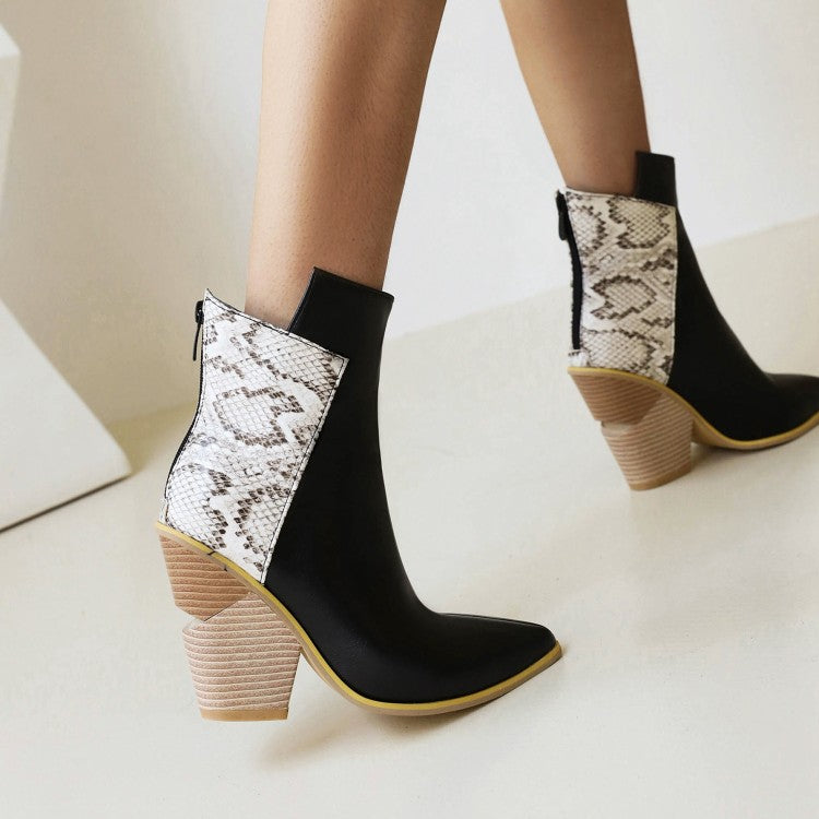 Woman Pu Leather Pointed Toe Block Heel Short Boots