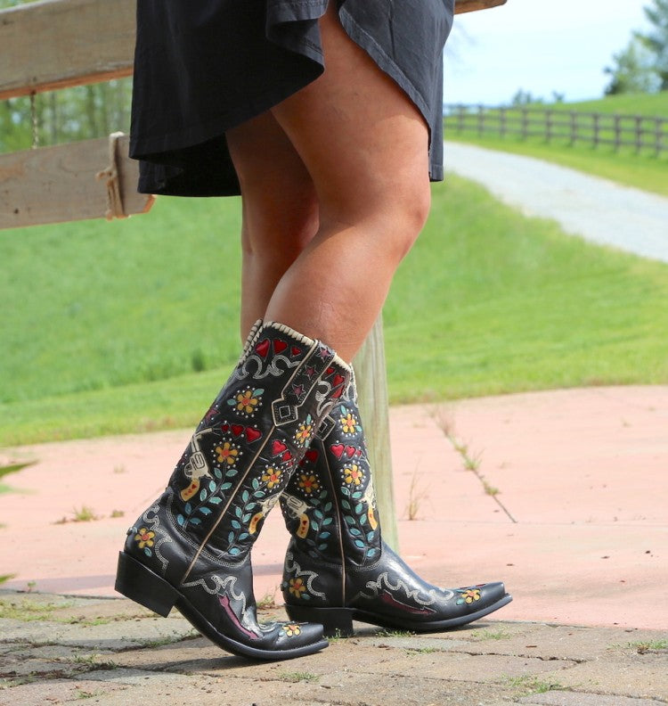 Women Ethnic Embroidery Puppy Heel Cowboy Mid Calf Boots