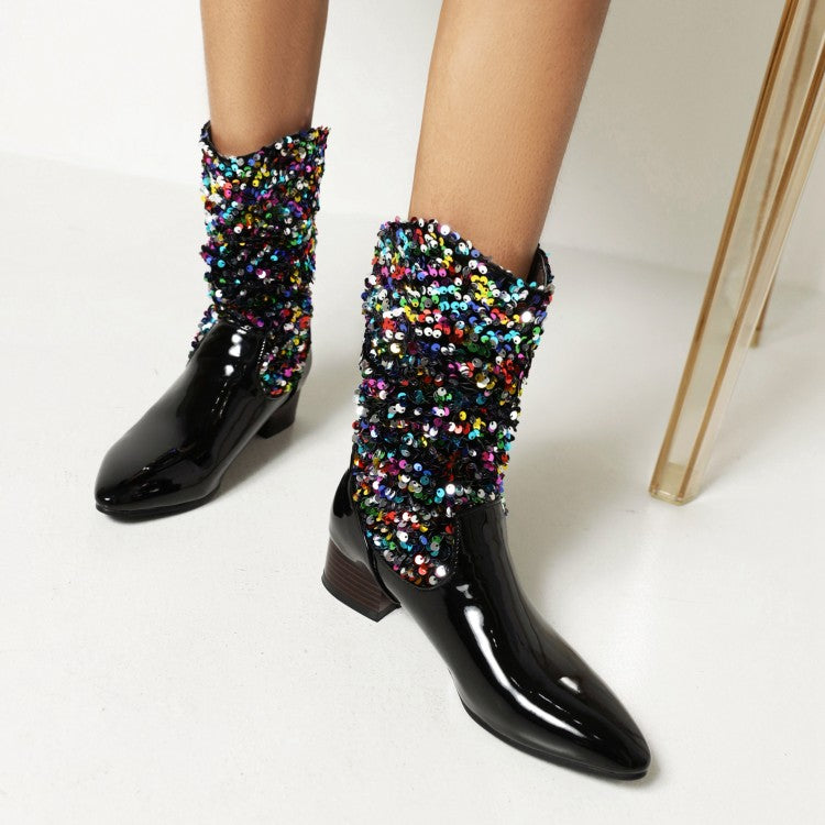 Women Glossy Pointed Toe Sequins Patchwork Square Heel Mid Calf Boots