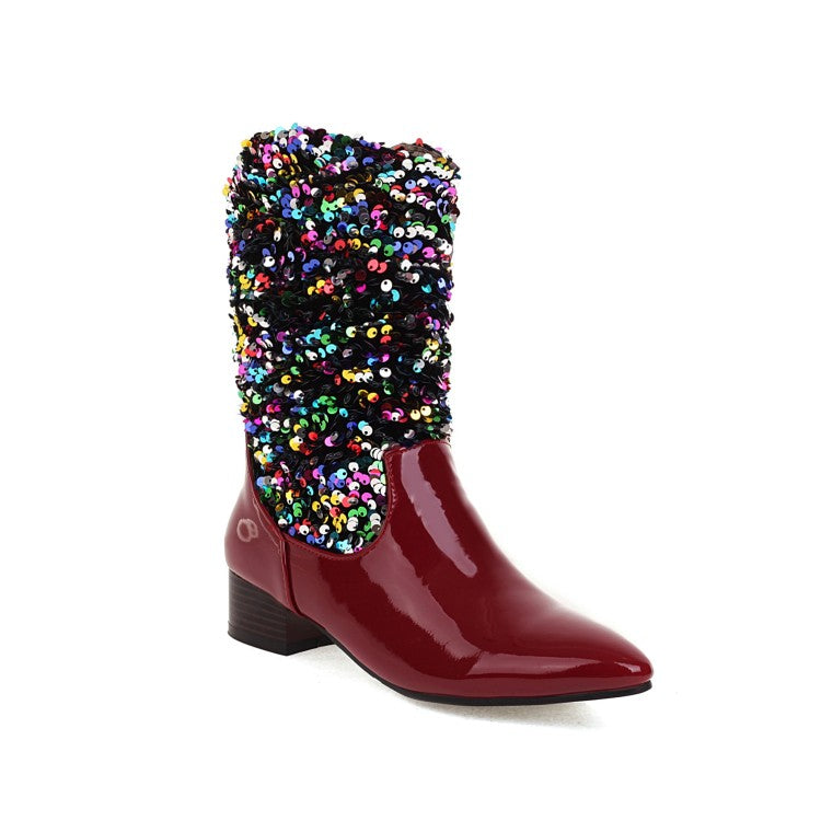 Women Glossy Pointed Toe Sequins Patchwork Square Heel Mid Calf Boots