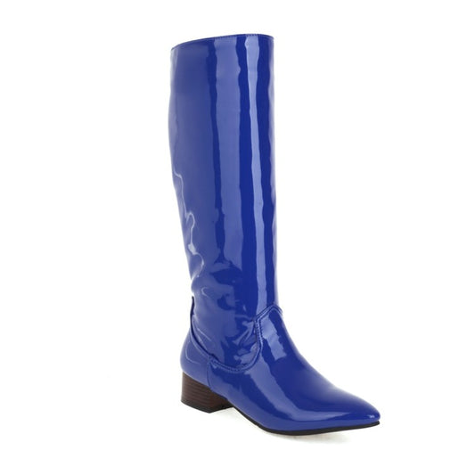 Women Glossy Pointed Toe Puppy Heel Knee High Boots