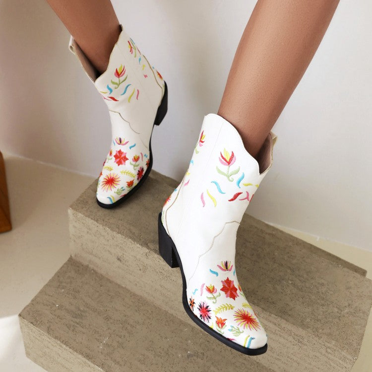 Woman Floral Embroidered High Heels Short Boots